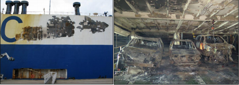 (Left) exterior damage to the ship, (right) damaged ramp and destroyed vehicles